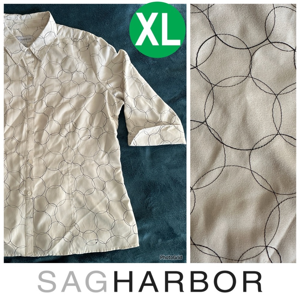 Sag Harbor White Blouse Geometric Embroidered Black Circles XL
